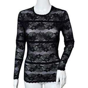 Lover‎ Shirt Womens XS Black Floral Lace Blouse Sheer Fitted Neutral Minimalist